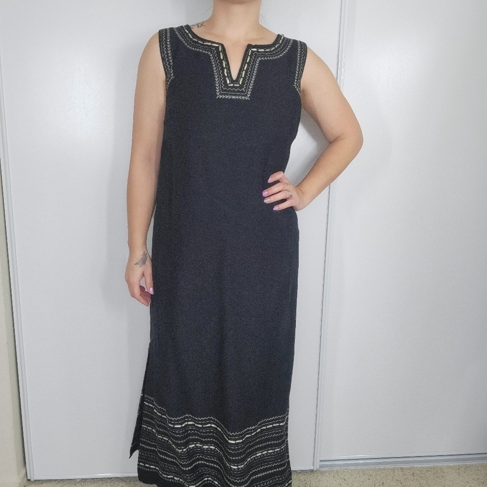 Carole Little Vintage Embroidered Linen Maxi Dress Size 10 Lagenlook Summer Beac